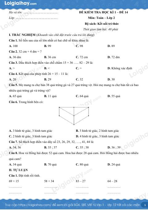 Đề kiểm tra học kì 1 Toán 2 Cánh diều - Đề số 14